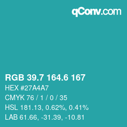 カラーコード: RGB 39.7 164.6 167 | qconv.com