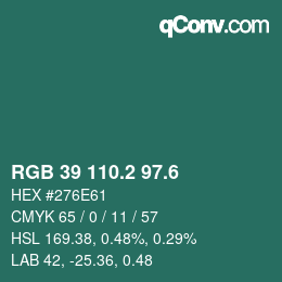 カラーコード: RGB 39 110.2 97.6 | qconv.com