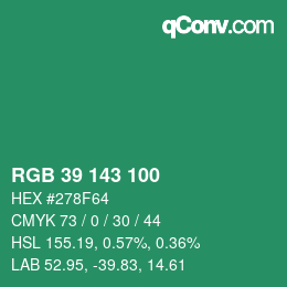 カラーコード: RGB 39 143 100 | qconv.com