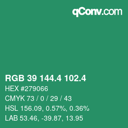 カラーコード: RGB 39 144.4 102.4 | qconv.com