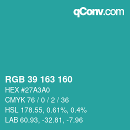 Color code: RGB 39 163 160 | qconv.com