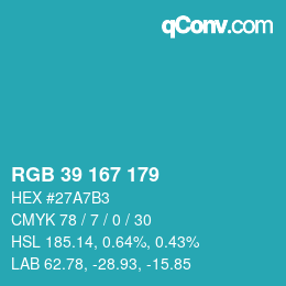 颜色代码: RGB 39 167 179 | qconv.com