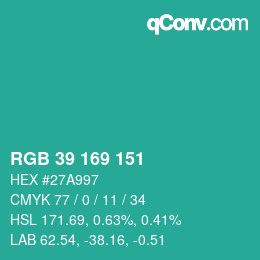 颜色代码: RGB 39 169 151 | qconv.com