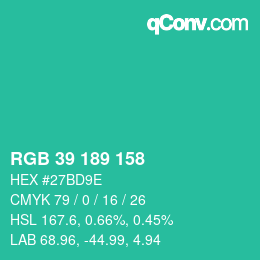 カラーコード: RGB 39 189 158 | qconv.com
