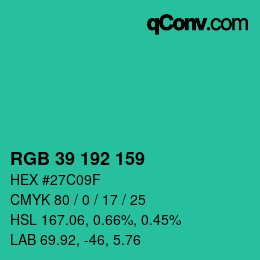 カラーコード: RGB 39 192 159 | qconv.com