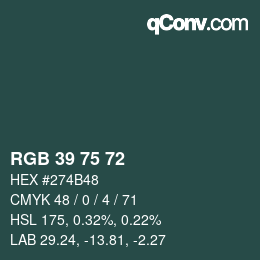 颜色代码: RGB 39 75 72 | qconv.com