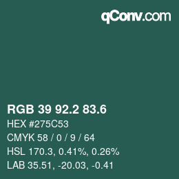 カラーコード: RGB 39 92.2 83.6 | qconv.com
