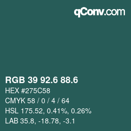 カラーコード: RGB 39 92.6 88.6 | qconv.com