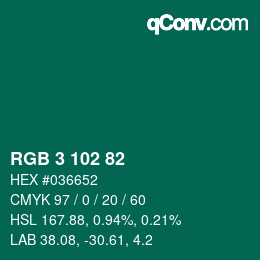 Color code: RGB 3 102 82 | qconv.com