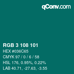 Color code: RGB 3 108 101 | qconv.com