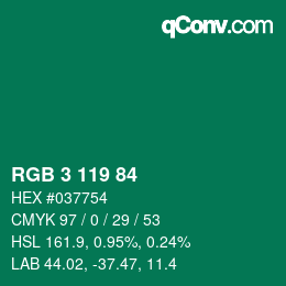 Color code: RGB 3 119 84 | qconv.com