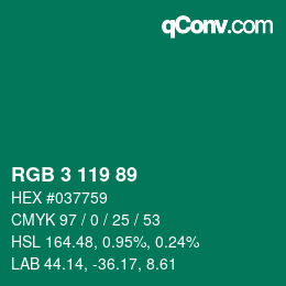 Color code: RGB 3 119 89 | qconv.com