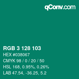Color code: RGB 3 128 103 | qconv.com