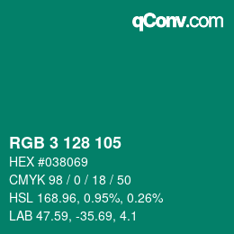 カラーコード: RGB 3 128 105 | qconv.com