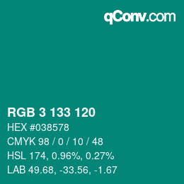 Color code: RGB 3 133 120 | qconv.com