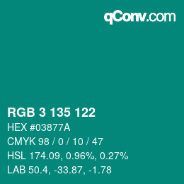 Color code: RGB 3 135 122 | qconv.com