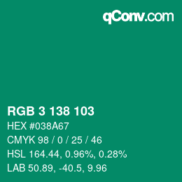 Color code: RGB 3 138 103 | qconv.com