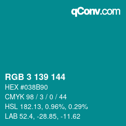 カラーコード: RGB 3 139 144 | qconv.com
