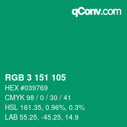 カラーコード: RGB 3 151 105 | qconv.com