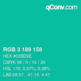 カラーコード: RGB 3 189 158 | qconv.com