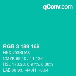 Color code: RGB 3 189 168 | qconv.com