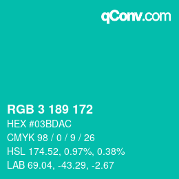 Color code: RGB 3 189 172 | qconv.com