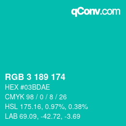 カラーコード: RGB 3 189 174 | qconv.com