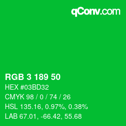 Color code: RGB 3 189 50 | qconv.com
