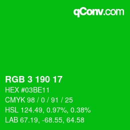 カラーコード: RGB 3 190 17 | qconv.com