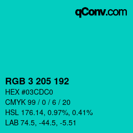 Color code: RGB 3 205 192 | qconv.com