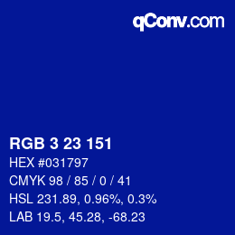 Color code: RGB 3 23 151 | qconv.com