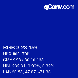 Color code: RGB 3 23 159 | qconv.com