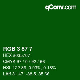 カラーコード: RGB 3 87 7 | qconv.com