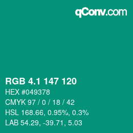 カラーコード: RGB 4.1 147 120 | qconv.com