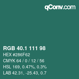 カラーコード: RGB 40.1 111 98 | qconv.com