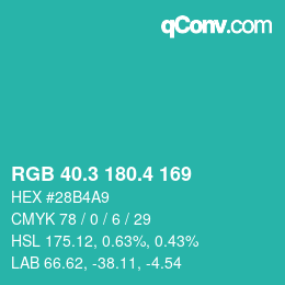 カラーコード: RGB 40.3 180.4 169 | qconv.com
