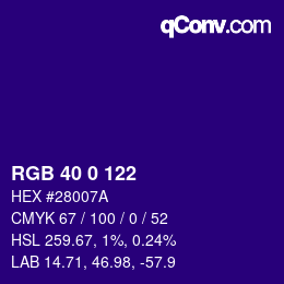 颜色代码: RGB 40 0 122 | qconv.com