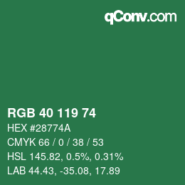 カラーコード: RGB 40 119 74 | qconv.com