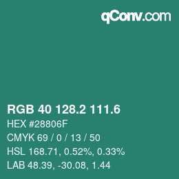 カラーコード: RGB 40 128.2 111.6 | qconv.com