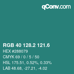 カラーコード: RGB 40 128.2 121.6 | qconv.com