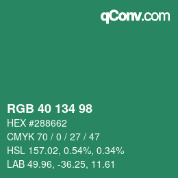 Color code: RGB 40 134 98 | qconv.com