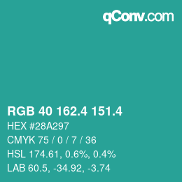 カラーコード: RGB 40 162.4 151.4 | qconv.com