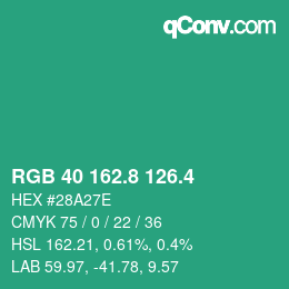 カラーコード: RGB 40 162.8 126.4 | qconv.com