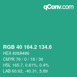 カラーコード: RGB 40 164.2 134.6 | qconv.com