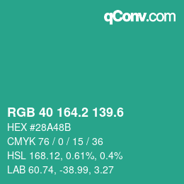 カラーコード: RGB 40 164.2 139.6 | qconv.com