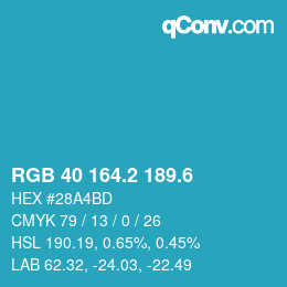 カラーコード: RGB 40 164.2 189.6 | qconv.com