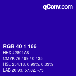 カラーコード: RGB 40 1 166 | qconv.com