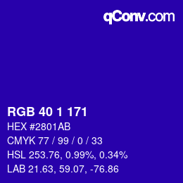カラーコード: RGB 40 1 171 | qconv.com