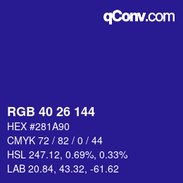 颜色代码: RGB 40 26 144 | qconv.com