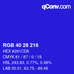 カラーコード: RGB 40 28 216 | qconv.com